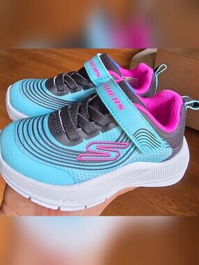 Sz 8 Toddler Kids SKECHERS MICROSPEC ADVANCE 'Aqua/Purple' Bungee Lace